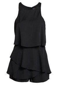 Combinaison sans manches noire avec un design superposé, présentant un col montant, une texture de tissu douce et une fermeture éclair dans le dos.