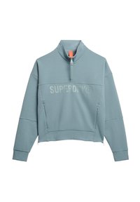 Lichtblauw cropped sweatshirt met hoge kraag, ritssluiting en voorzak. Heeft een subtiele, reliëfprint van het "SUPERDRY" logo.