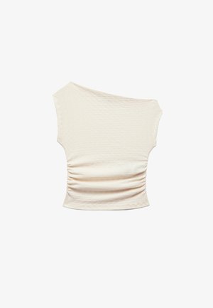 Haut beige décolletée avec un tissu texturé, des détails froncés sur le côté et des manches courtes. Design lisse et ajusté.