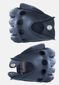 Námořnické kožené rukavice bez prstů s perforovanými detaily, zaoblenými okraji a textilním podšívkou. Zahrnuje uzávěr na tlak pro bezpečné uchycení.