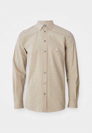 Camisa de manga larga de cuadros en beige y azul claro. Presenta un collar clásico, botones en el frente y un logo de pájaro bordado en el pecho.