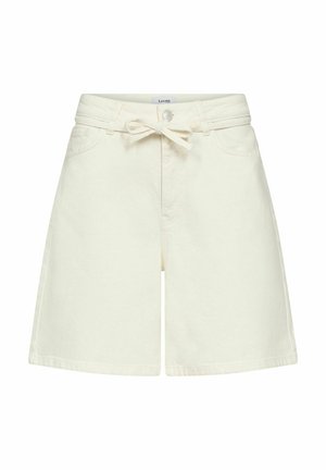 Șorturi din denim de culoare crem, cu picior larg, curea la talie și două buzunare frontale. Textură netedă și design croiț.