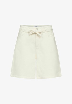 Șorturi din denim de culoare crem, cu picior larg, curea la talie și două buzunare frontale. Textură netedă și design croiț.