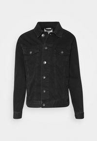Chaqueta de mezclilla negra con un diseño clásico, cierre frontal con botones, dos bolsillos en el pecho y mangas largas con puños abotonados.
