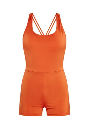 Rompers sans manches orange avec une coupe ajustée, dotés de bretelles croisées et d'un tissu lisse et extensible. Les shorts offrent une coupe soignée.