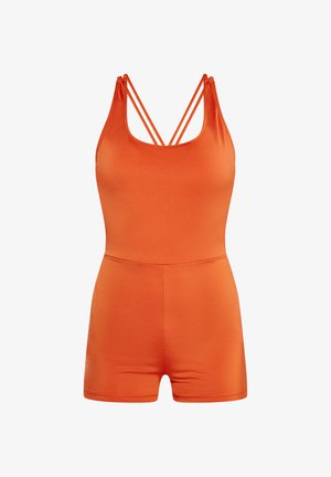 Narancssárga ujjatlan overall, testhezálló fazonnal, keresztezett pántokkal és sima, rugalmas anyagból készült. A sortok szabott illeszkedést biztosítanak.