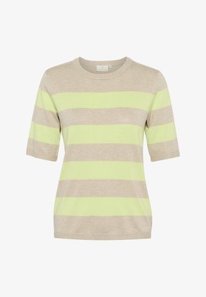 Kurzärmliges Oberteil in Sandfarbe mit kräftigen hellgrünen Streifen, Rundhalsausschnitt, weicher Textur und lässiger Passform. Einfaches Design mit minimalen Details.