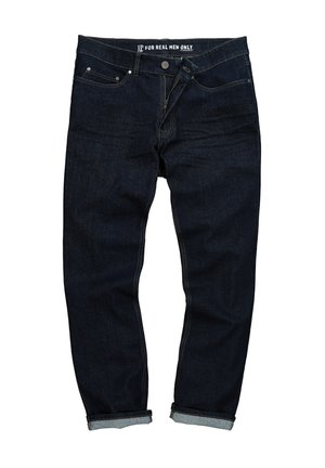 Jeans in denim blu scuro con taglio dritto, dotati di orlo arrotolato, cuciture sottili e chiusura con bottone frontale.