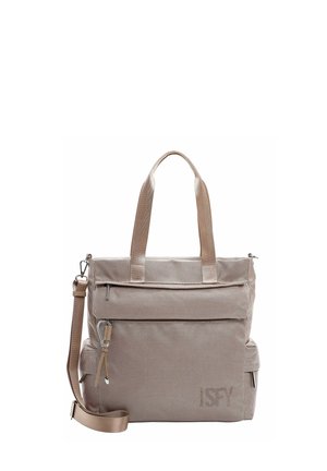 Borsa tote beige in tessuto testurizzato, con manici superiori doppi, tracolla rimovibile, tasca con zip frontale e logo del marchio.