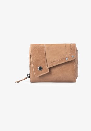 Tan leather wallet with snap button flap and zipper closure on the side, featuring silver rivet details and stitched design.
