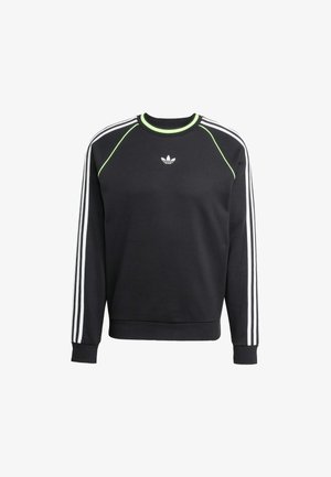 Melna sporta džemperis ar baltu trīsrindu dizainu uz piedurknēm un laima zaļiem akcentiem. Tam ir apaļa apkakle un neliels logotips uz krūtīm.
