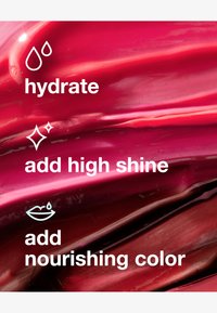 Pink and red glossy swirls with text overlay: "hydrate," "add high shine," and "add nourishing color," featuring water droplet icons.