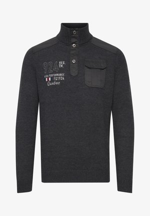 Tamno siva pletena veste s visokim ovratnikom, dugmadi, teksturiranom tkaninom, naglaskom na ramenima i prednjim džepom na prsima s vezom.