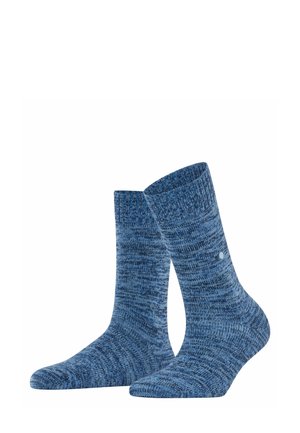 Blaue strukturierte Socken mit einem gerippten Bündchen und einer glatten Zehenpartie. Hergestellt aus einer Mischung von Garnen mit einem melierten Muster in verschiedenen Blautönen.