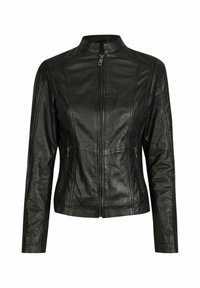 Black leather jacket with a high collar, front zipper closure, and two side zip pockets. Features stitched panel detailing and long sleeves.