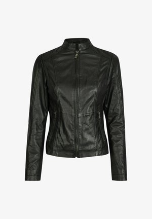 Sort læderjakke med høj krave, frontlynlås og to sidelommer med lynlås. Har syede paneldetaljer og lange ærmer.