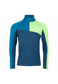 Langärmliges Sportoberteil mit einem Viertel-Reißverschluss-Kragen, blauen und grünen Farbbalken sowie glattem, leichtem Stoff.