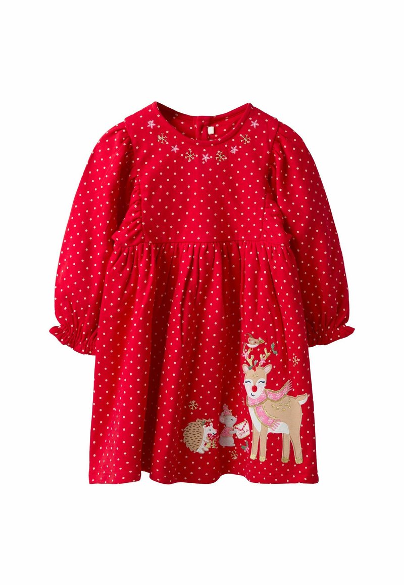 Rochie roșie cu mâneci lungi, cu buline albe, talie stratificată, decolteu rotund și broderie cu cerbi, arici și fulgi de zăpadă.