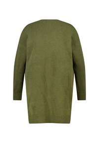 Lange mouwen, losvallende trui in olijfgroen, gebreide textuur, met een ronde halslijn en ribgebreide zoom. Geen zichtbare naden of versieringen.