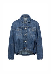 Denimjasje in lichtblauw met een iets verkorte uitstraling. Beschikt over een klassiek kraag, knoopsluiting, twee voorzakken en een elastische zoom.