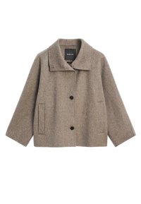 Brązowa kurtka z mieszanki wełny z kołnierzem, zapięciem na guziki z przodu, dwoma bocznymi kieszeniami i szerokimi rękawami. Gładka faktura i prosty design.