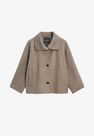 Brown wool blend jacket with a collared neckline, front button closure, two side pockets, and wide sleeves. Smooth texture and simple design.