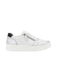 Baskets en cuir blanc avec des accents argentés, bout texturé, talon noir et détail de fermeture éclair sur le côté. Semelle en caoutchouc avec des rainures horizontales.