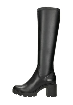 Czarne botki do kolan wykonane z gładkiej skóry; mają masywny blokowy obcas i teksturowany górny brzeg; elegancki design z delikatnym połyskiem.