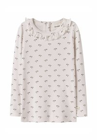 Langærmet bomuldsbluse med ribbet tekstur, lys cremefarve, rynket halsudskæring og små blomsterprint i pink og grøn over det hele.