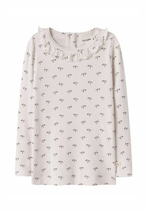 Langärmliges Baumwollhemd mit gerippter Textur, heller Cremefarbe, gerafftem Ausschnitt und kleinen Blümchenmotiven in Rosa und Grün.