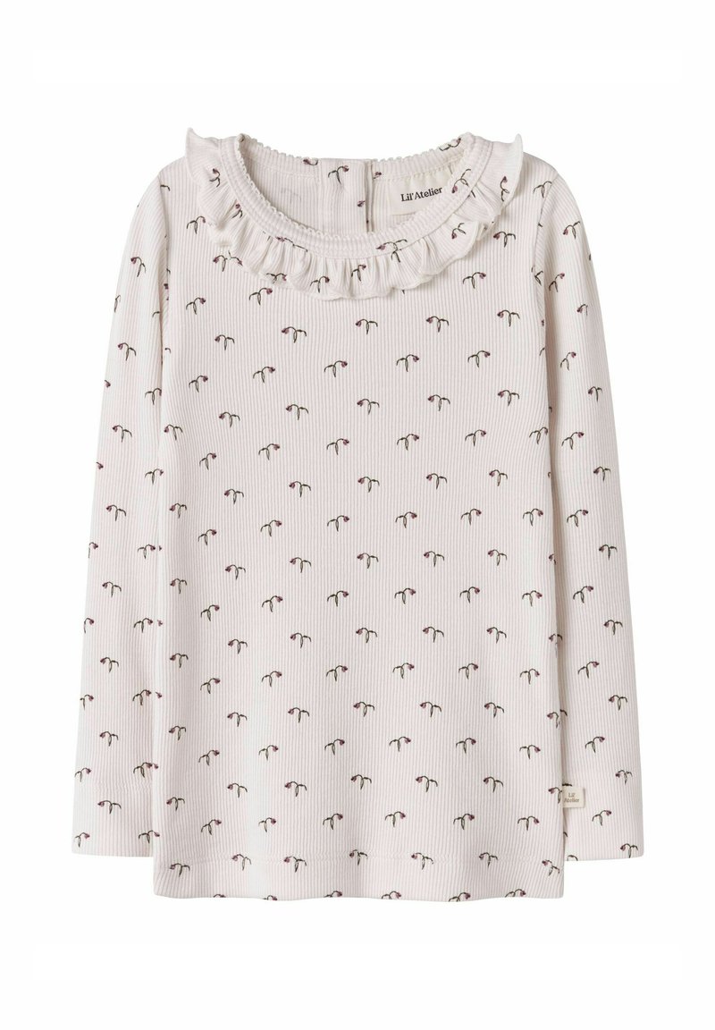 Langærmet bomuldsbluse med ribbet tekstur, lys cremefarve, rynket halsudskæring og små blomsterprint i pink og grøn over det hele.