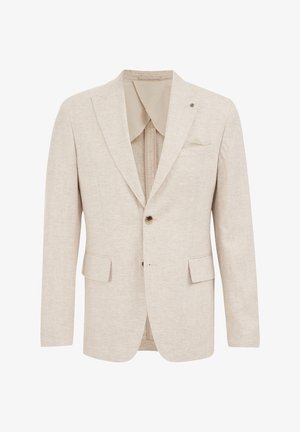 Jasno beżowa lniana marynarka z klapami, zapięciem na jeden guzik i dwiema przednimi kieszeniami. Posiada subtelną teksturę oraz kieszeń na piersi.