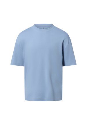 Hellblaues Baumwoll-T-Shirt mit Rundhalsausschnitt, kurzen Ärmeln und lockerem Schnitt. Glatte Textur, minimalistisches Design, keine sichtbaren Muster oder Akzente.