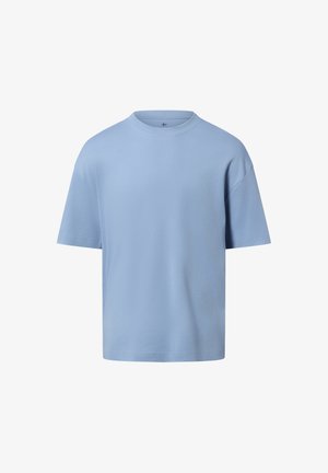 Hellblaues Baumwoll-T-Shirt mit Rundhalsausschnitt, kurzen Ärmeln und lockerem Schnitt. Glatte Textur, minimalistisches Design, keine sichtbaren Muster oder Akzente.