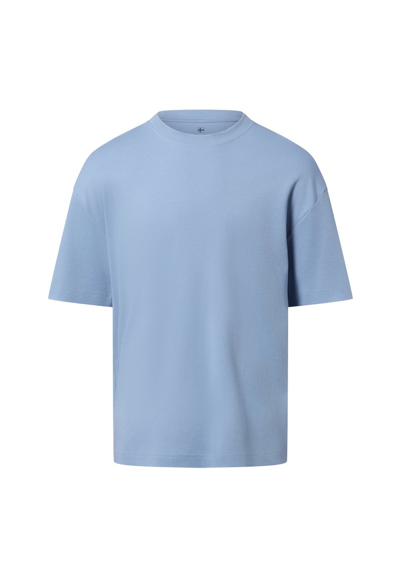 Hellblaues Baumwoll-T-Shirt mit Rundhalsausschnitt, kurzen Ärmeln und lockerem Schnitt. Glatte Textur, minimalistisches Design, keine sichtbaren Muster oder Akzente.