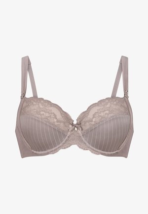Blonder og sateng BH i taupe med horisontale striper. Har bølgekant, dekorativ sløyfe i midten og justerbare stropper.