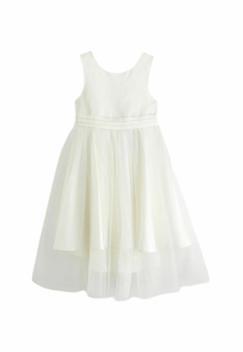 Robe blanche avec un design sans manches, un corsage ajusté et une jupe en tulle superposée. Dotée d'une taille texturée et d'un ourlet midi.