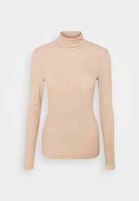 Beige polotröja med långa ärmar, ribbad textur och figurnära design. Slät tyg med detaljerad hög hals.