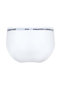 Białe bawełniane slipy o gładkiej fakturze i tkanym elastycznym pasku z logo "PAKO LORENTE" w kontrastowych kolorach.