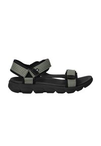 Black sport sandal with gray grid-patterned straps, adjustable velcro closures, cushioned sole, and textured rubber outsole.