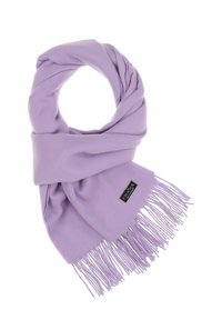 Écharpe en lavande en tissu doux, avec de longues franges à une extrémité et une petite étiquette noire avec le nom de la marque. Design rond et en boucle.