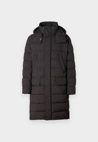 Manteau rembourré noir avec un col montant, des boutons pression, deux poches avant et une texture matelassée. Le design mi-long offre chaleur et protection.