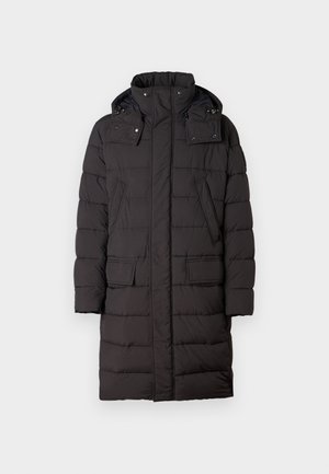 Giacca piumino nera con collo alto, bottoni a scatto, due tasche frontali e texture trapuntata. Il design di lunghezza media offre calore e copertura.