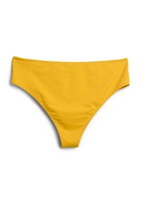 Gul bikiniunderdel med en slät ytstruktur, hög skärning och minimal sömnad. Tyget är mjukt och töjbart.