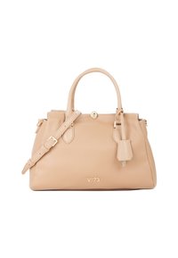 Beige leren totebag met dubbele handvatten en een verstelbare schouderriem. Voorzien van een sluiting aan de voorkant, logo-detail en accenten in goudkleurig metaal.