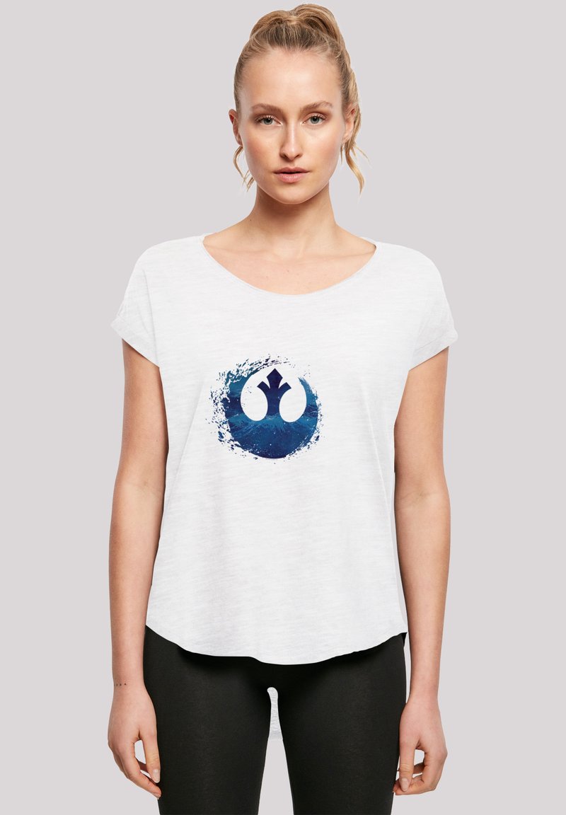 White lightweight t-shirt with a scoop neckline and short sleeves, featuring a blue graphic logo at the center against a plain background.