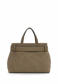 Taupe-Handtasche aus weichem Wildleder mit einer strukturierten Form. Verfügt über kurze Griffe und ein kontrastierendes genähtes Gürteldetail am oberen Rand.
