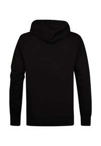 Felpa nera con finitura morbida e strutturata. Caratterizzata da maniche lunghe, tasca a marsupio e cappuccio con coulisse. Design semplice, senza decorazioni.
