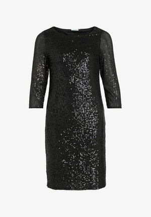 Black knee-length dress with three-quarter sleeves, covered in shimmering black sequins for a sparkling effect.