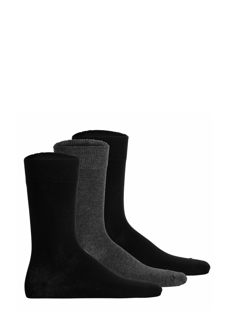 Drei Paar Socken in unterschiedlichen Farbtönen: zwei einfarbige schwarze Paare an den Seiten und ein dunkelgraues Paar in der Mitte mit einem gerippten Bündchen.